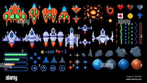 Pixel art space game elements. 8bit starships, asteroids and planets. Galaxy wars arcade assets vector set Stock Vector Image & Art - Alamy