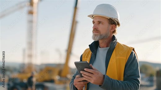 A construction site supervisor in a hard hat studying digital blueprints while coordinating workers through hand signals as cranes move overhead — project management, on-site safety, and