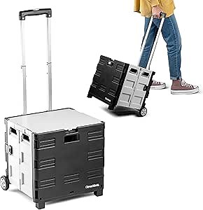 CleverMade Collapsible Wheeled Crate with Lid, 2-Wheels – Stable Rolling Crate with Handle and Large Wheels for Fragile Items, Heavy Loads and Easy Storage - 35L and 75lb Capacity, Black/Cream