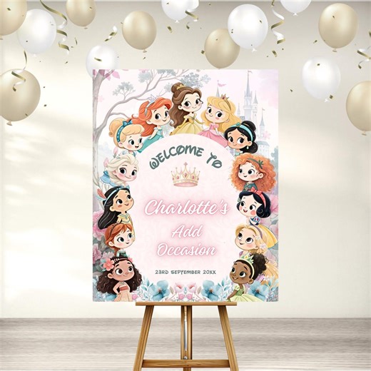 Watercolor Princess Party Welcome Sign Printable Template, Editable Digital Download Canva Template - Etsy