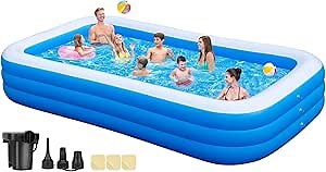 Inflatable Pool : 130""x72""x22"" Large Family Blow Up Pool, Above Ground - Perfect for Backyard, Outdoor, and Garden Use, Ideal for Summer Water Parties Includes an Air Pump, Dark Blue