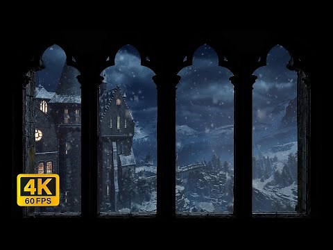 4K Harry Potter Winter Window View - Hogwarts Snow Ambience & Wind Sounds for Study and Sleep
