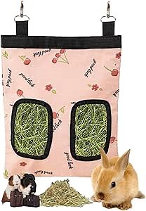 Rabbit Hay Feeder Bag, Guinea Pig Hay Feeder Storage with 2 Holes, 10''x 12'' Small Animal Pet Hanging Hay Feeder, for Rabbits Bunny Chinchillas Hamsters Rats 600D Oxford Fabric Pink