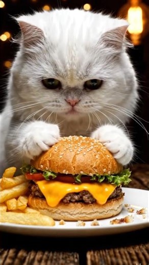 🍔🐱 This fluffy kitty eating a cheeseburger in cozy ASMR is the comfort content you needed today!
