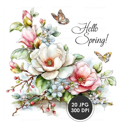 Floral “hello, Spring!” Lettering Watercolor Clipart Set | 20 JPG Files | Digital Download - Etsy
