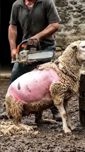 Dangerous Shearing: Chainsaw on a Sheep! 🚨