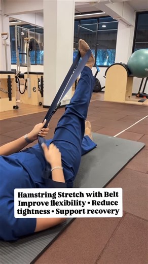 Ivory Physiotherapy | Pilates l Rehab l Fitness | on Instagram: "This exercise helps improve hamstring flexibility by providing controlled assistance with a belt. It reduces muscle tightness, supports proper alignment, and minimizes strain on the lower back. Ideal for people with tight hamstrings due to prolonged sitting, poor posture, or limited mobility. Benefits of Hamstring Belt Stretch: ✅Improves hamstring flexibility ✅Reduces muscle tightness & stiffness ✅Supports hip and pelvic alignment 
