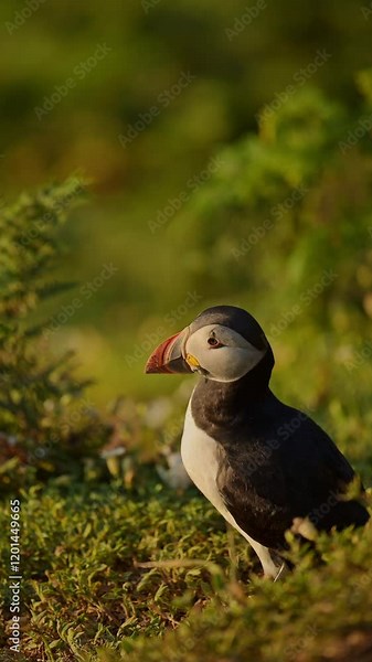 Vertical Atlantic Puffin Close Up Portrait, Vertical Atlantic Puffins Bird Video for Social Media Instagram Reels and Tiktok on Skomer Island in Wales, UK Seabirds Wildlife and Nature