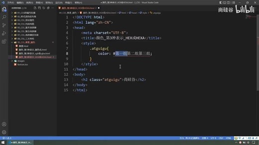 尚硅谷前端入门html css零基础教程，零基础前端开发html5 css3视频_P91_091_CSS_颜色_第3种表示_HEX与HEXA