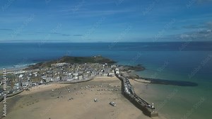 St Ives, Cornwall, England: DRONE VIEWS: St Ives harbour, St Ives Head, Bamaluz beach, Porthgwidden beach and Porthmeor beach. St Ives is a renowned UK holiday destination and magnet for artists (2).