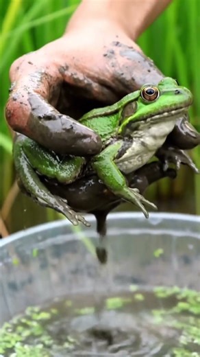 Bare Hands Catching Bright Green Frog | Primitive Ricefield Life #shorts #frog