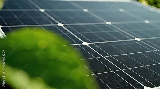 Blue photovoltaic solar panels on the roof and green field of a clean energy power plant create a renewable electricity grid pattern using alternative technology under the sun