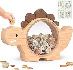 Summidate Wooden Dinosaur Piggy Bank for Kids Boys, Cute Wood Dino Money Bank for Toddlers, Creative Saving Coin Jar, Personalized Present for Child Birthday & Decor (Natrul Wood, Standard)