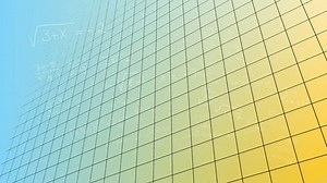 Animation of mathematical equations over grid network against blue and yellow gradient background. Education and business data technology concept