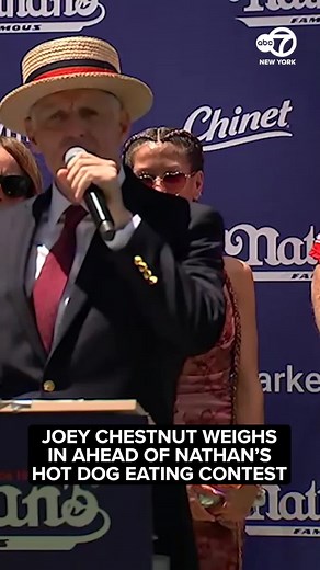 17-time winner and world-record holder Joey Chestnut weighed in on Friday ahead of Nathan's Famous Fourth of July hot dog-eating contest on Saturday. #joeychestnut #eatingcontest #hotdogs
