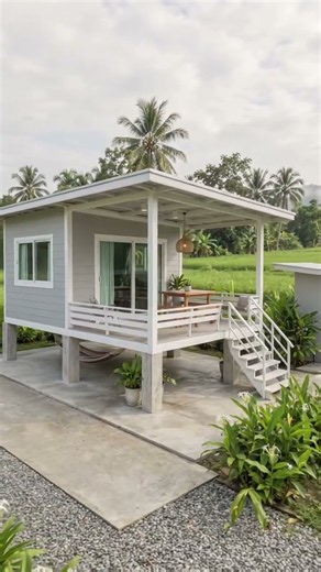 แบบบ้านสวนยกใต้ถุนสูง สีเทาอ่อน TP66 ขนาด 6*3ม. 1ห้องนอน 1ระเบียง #รับเขียนแบบ #บ้านน็อคดาวน์