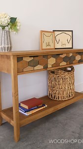 Let’s build a console table 😍 I built this project almost entirely from scrap wood. It’s a traditional design with drawers at the top and a shelf below, but the laser cut drawer fronts give it a fun modern vibe that I’m obsessed with! Check out my latest YT video to see how I used my @falconlaser.official to cut the drawer front designs and grab the printable plans for the table on woodshopdiaries.com Happy building! #diywoodworking #diyfurniture #weekendwoodworking #consoletable #buildityourse