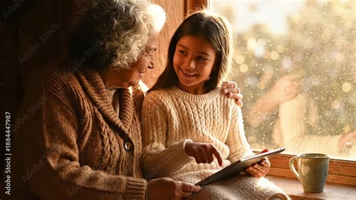 Grandmother helps granddaughter with tablet near sunny window. Senior woman teaches girl using tablet device. Grandmother and granddaughter share tablet. Family learning together by window light.