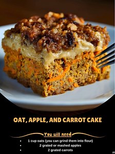 Oat, 🍂 Apple, and Carrot Cake Ingredients 1 cup oats (you can grind them into flour) 2 grated or mashed apples 2 grated carrots 3 eggs (you can substitute with vegan options) 1/2 cup honey or crushed dates 1 teaspoon cinnamon (if preferred) 1 teaspoon baking powder 1 pinch of salt ..... Full Recipe in Coʍmеոτ 💬 🦃 | Tasty Recipes