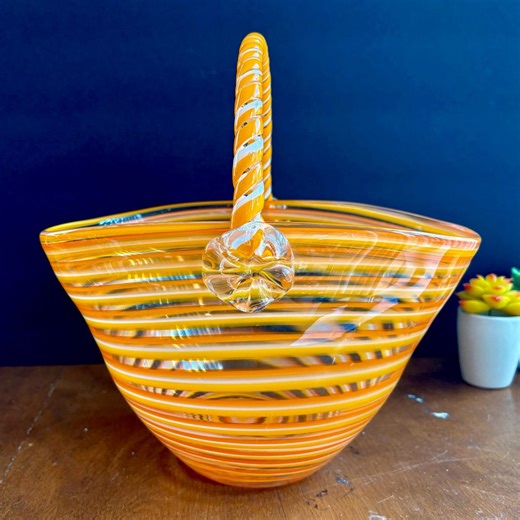 Vintage Art Glass Basket Bowl by BLOCK Crystal – Orange White Striped Murano Style Hand Blown Glass Basket – Decorative Glass Centerpiece - Etsy