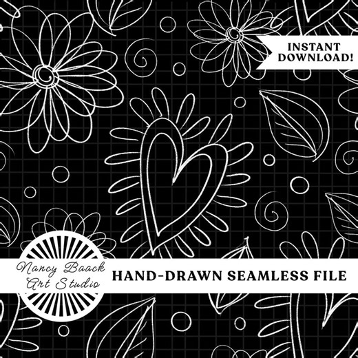 Hearts and Flowers Black and White Sketchy Seamless Pattern (hand-drawn Digital Download) - Etsy