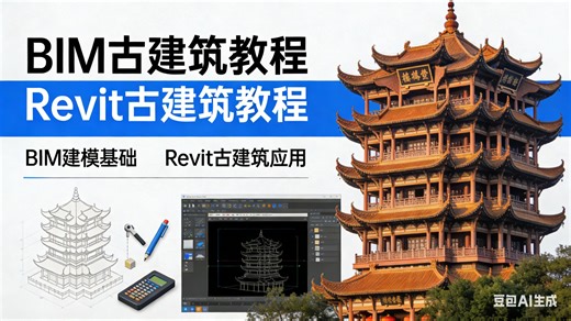 【BIM古建教程】Revit古建筑教程 黄鹤楼古建筑绘制 营造法式 BIM古建筑 中国古代建筑信息可视化 建筑古建筑绘制 施工图绘制 平立剖面图 场地景观创建
