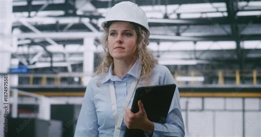 Woman in Safety Helmet Conducts Audit, Swiping Screen of Handheld Tablet to View Production Metrics. Backdrop is Automated in Modern Industry 4.0 Plant. Data Analysis and Digital Transformation.