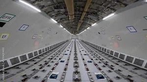 Cargo Airplane - walk inside the main deck cargo compartment on a freshly converted wide-body freighter aircraft, all windows are removed and the loading system installed