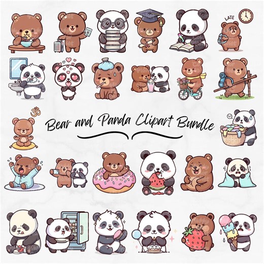 Kawaii Bear and Panda Clipart Bundle, Animal Digital Stickers - Etsy