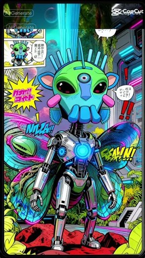 A three tentacle faced alien comic japanese spoke comic generated with a awesome relaxation song