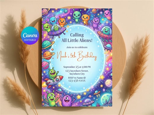 Alien Birthday Invitation Template, Editable Outer Space UFO Party Invite, Canva Template, Instant Download - Etsy
