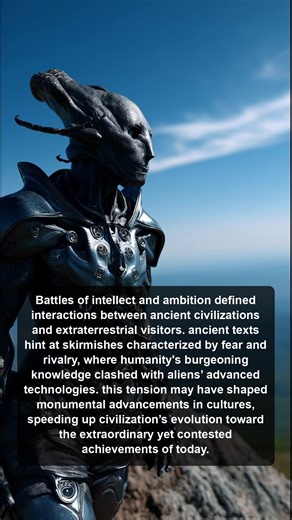 Explore how ancient civilizations interacted with extraterrestrial visitors, igniting rivalry and fear, while shaping monumental advancements and accelerating humanity's evolution towards extraordinary achievements in technology and culture. | Mysteries of the Ancient Astronauts