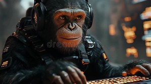 Futuristic Humanoid Chimpanzee at Computer Workstation Stock Video - Video of digital, setup: 362110691