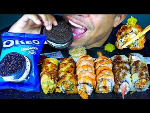 ASMR SUSHI ROLLS OREO ICE CREAM SANDWICH MUKBANG BIG BITES EATING SHOW SOUNDS