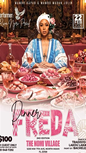 Nelly Mia on Instagram: "#pressplay Metrès @riva.nyri is confirmed for DINNER FREDA | Second Edition An intimate gathering under the grace of Ezili Freda, where beauty, love, and sacred elegance meet. 50 GUESTS ONLY By RSVP : 321-948-7292 Dance by: @tllakay Live Painting by: @bachbid5 Other surprises & Spiritual Alignment Dresscode: Pink & White Location: The Nomi Village. Event by: @langlichmie_llc_event x @manbokapab Supported by: @ccst_cultural x @pimpnewstv Flyer by: @korekcreationllc Video 