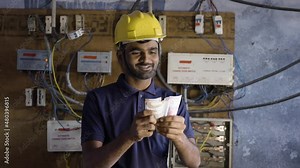 smiling electrician couting money - concept of payment after completion of work, successful career and happiness