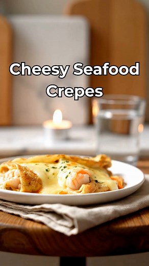 Seafood-Stuffed Cheesy Crepes For the nights when you want something warm and a little special without a lot of fuss, these creamy seafood crepes are a lovely choice. Soft crepes, tender shrimp and crab, and a gentle layer of melted cheese make this feel like a cozy restaurant dinner you can enjoy slowly at home, just you or you and someone you love. Save this for a quiet evening when you want seafood that feels comforting and a little bit fancy 💛 📝 Ingredients • 6 savory crepes (homemade or s
