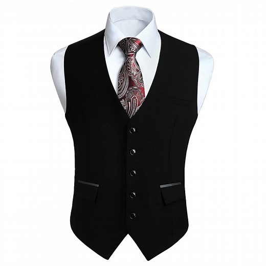 HISDERN Black Suit Vest for Men Classic Slim Fit V-Neck Waistcoat Formal Dress Vest for Weddings