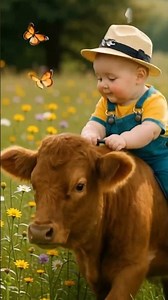 A cute baby boy riding on a gentle cow in a sunny green meadow, the baby smiling joyfully, 🥰