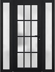 VDOMDOORS Front Exterior Prehung Fiberglass Door Frosted Glass/Manux 8312 Matte Black / 2 Side Exterior Windows/ W14+36+14" x H80-Left-hand Inswing