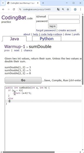 🗣️🎧: 🇨🇭 | 🧮 Basic Java - Coding Bat - "003_Warmup1_sumDouble" | #java #education #codingbat #bascis