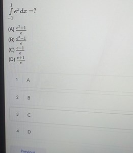 Evaluate the definite integral:\int_{-1}^{1} e^x dx = ?(A... | Filo