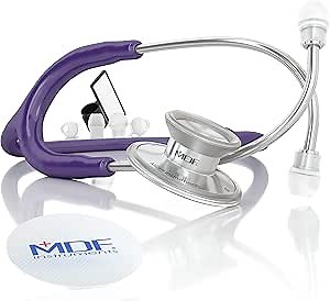 MDF Instruments, Acoustica Lightweight Stethoscope for Doctors, Nurses, Students, Home Health Use, Adult, Dual Head, Purple Tube, Silver Chestpiece-Headset, MDF747XP08