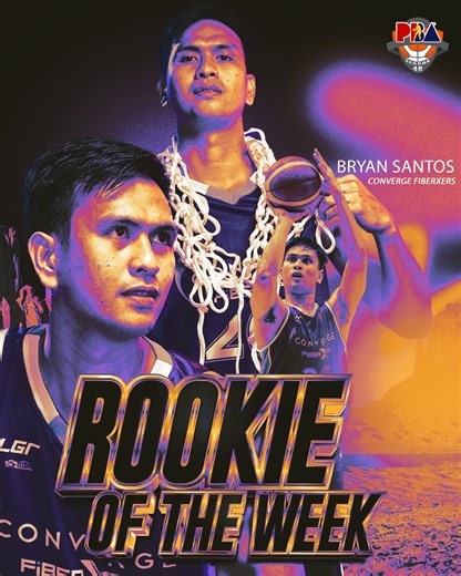 Bryan Santos is your PBA Rookie of the week! #PBAAngatAngLaban Santos as it turned out, proved to be the thorn on the side of Meralco when it tangled with Converge Sunday night, as the 6-foot-4 stretch forward fired 22 points on a huge 7-of-10 shooting from three point range in the FiberXers' breakthrough win in the Philippine Cup, 104-99, at the Philsports Arena. | PBA