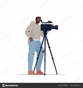 Television operator using video camera on tripod cameraman looking through camcorder movie making concept