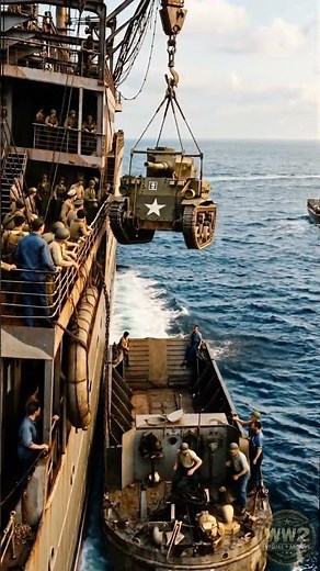 Rare Moment Light Tank Loaded from USS Alchiba into Landing Craft