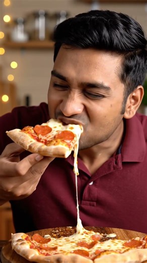 AI man eating cheese pizza