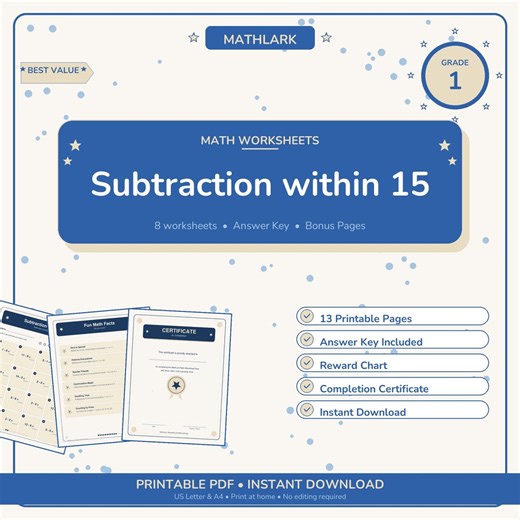 Grade 1 Math Worksheets Subtraction Within 15 | Practice Drills Printable PDF - Etsy
