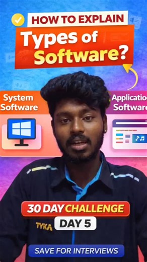 DK_HUB on Instagram: "Day 5/30 days challenge 👍 Topic :In this video, I explain Types of Software in a simple interview-ready way 👨‍💻 Learn the difference between System Software and Application Software with easy examples. System software: ✅ System software controls the computer hardware and provides a platform for running application software. Examples: Operating System (Windows, Linux), device drivers, utilities. Application software:✅ Application software is designed to perform specific t