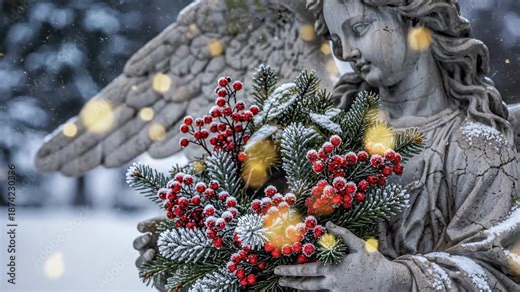 Extremely slow motion shot highlighting soft golden bokeh particles floating gently around a detailed stone angel statue and its rich, berry-laden winter wreath peace, angelic, still life